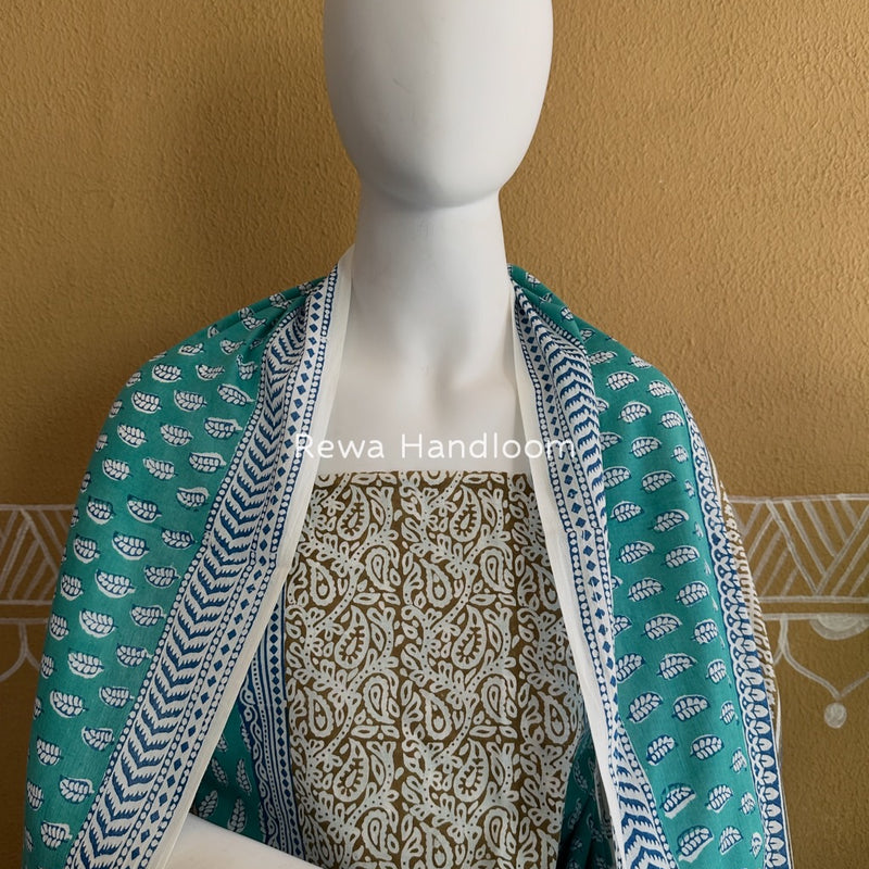 Aqua Green-white Indigo Bagh Print Suit BCI061