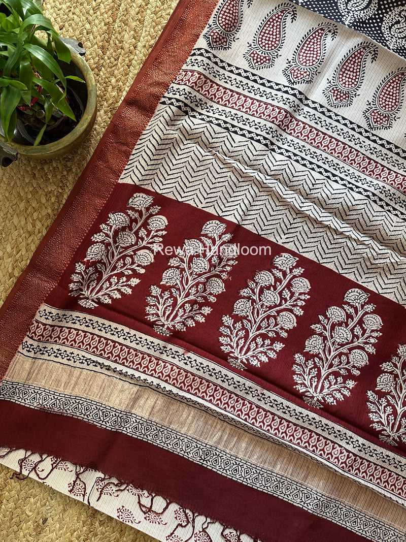 Maheshwari White Bagh Print Small Border Saree MTBS151