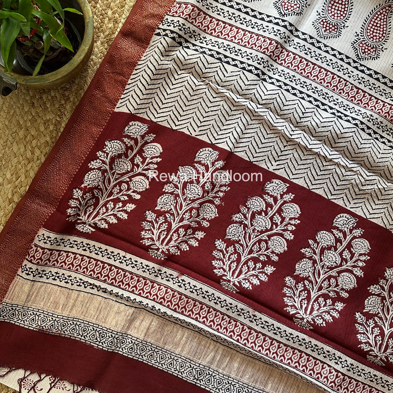 Maheshwari White Bagh Print Small Border Saree MTBS151