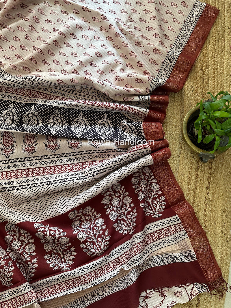 Maheshwari White Bagh Print Small Border Saree MTBS151