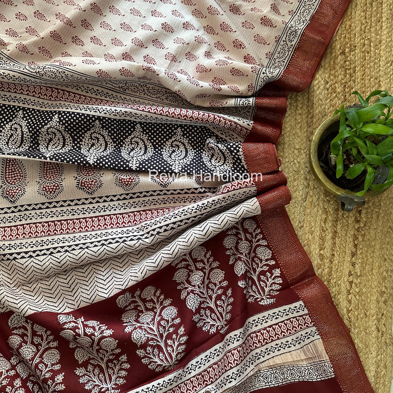 Maheshwari White Bagh Print Small Border Saree MTBS151