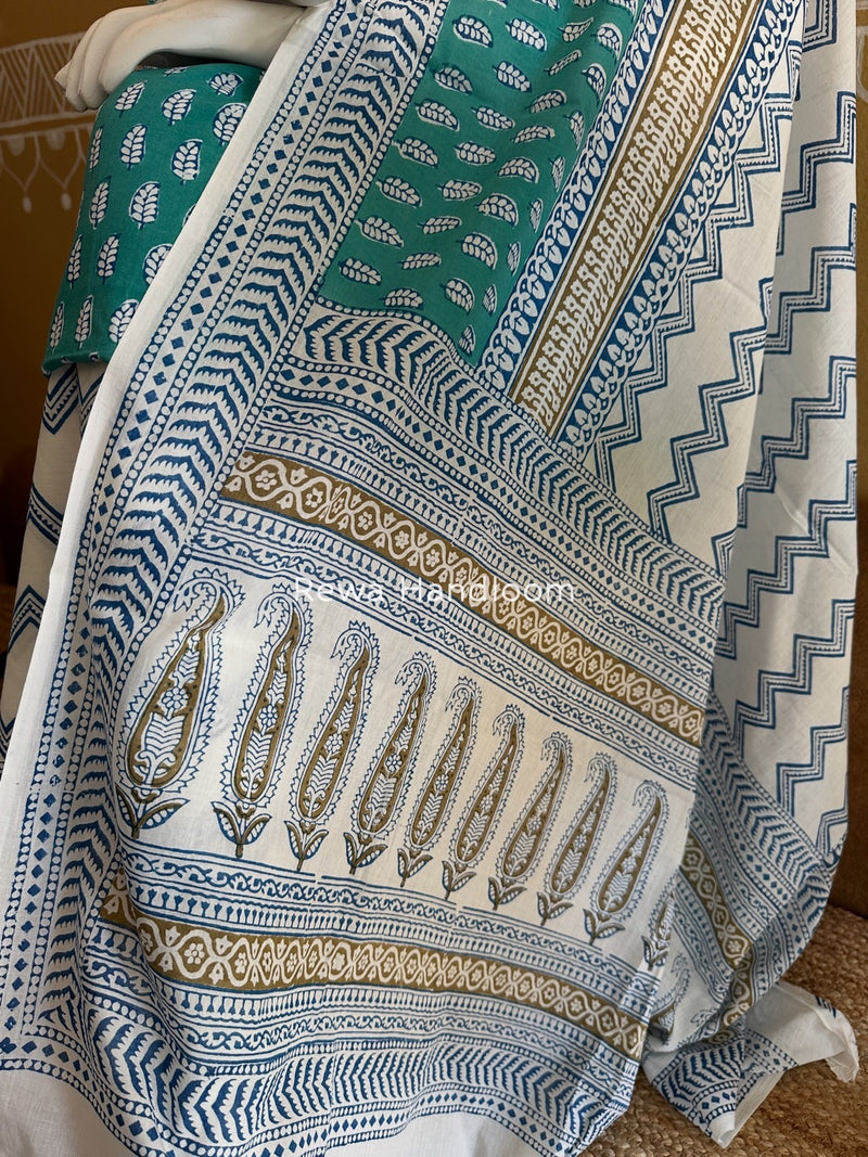 Aqua Green-white Indigo Bagh Print Suit BCI061
