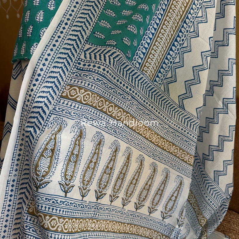 Aqua Green-white Indigo Bagh Print Suit BCI061