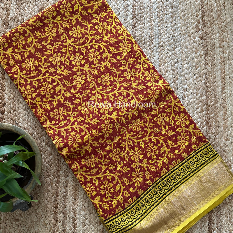 Maheshwari Red Bagh Print Small Border Saree MTBS150