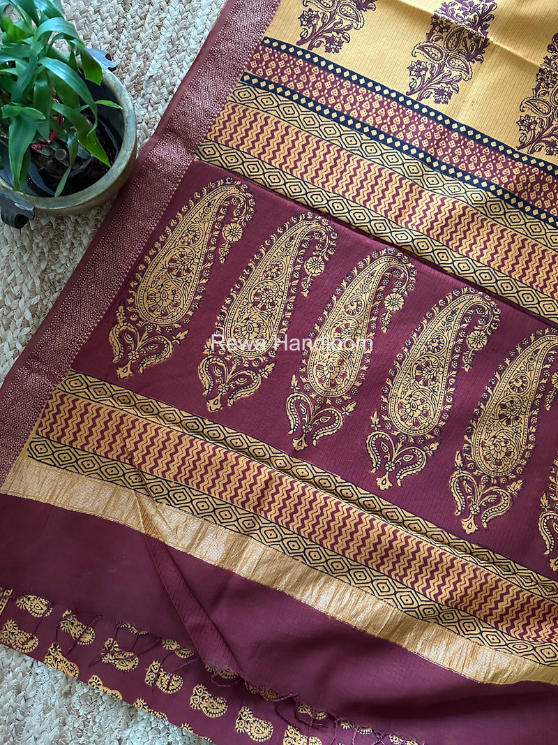 Maheshwari Maroon Bagh Print Small Border Saree MTBS156