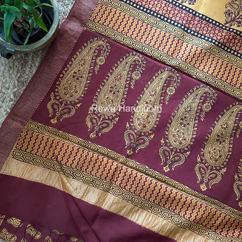 Maheshwari Maroon Bagh Print Small Border Saree MTBS156