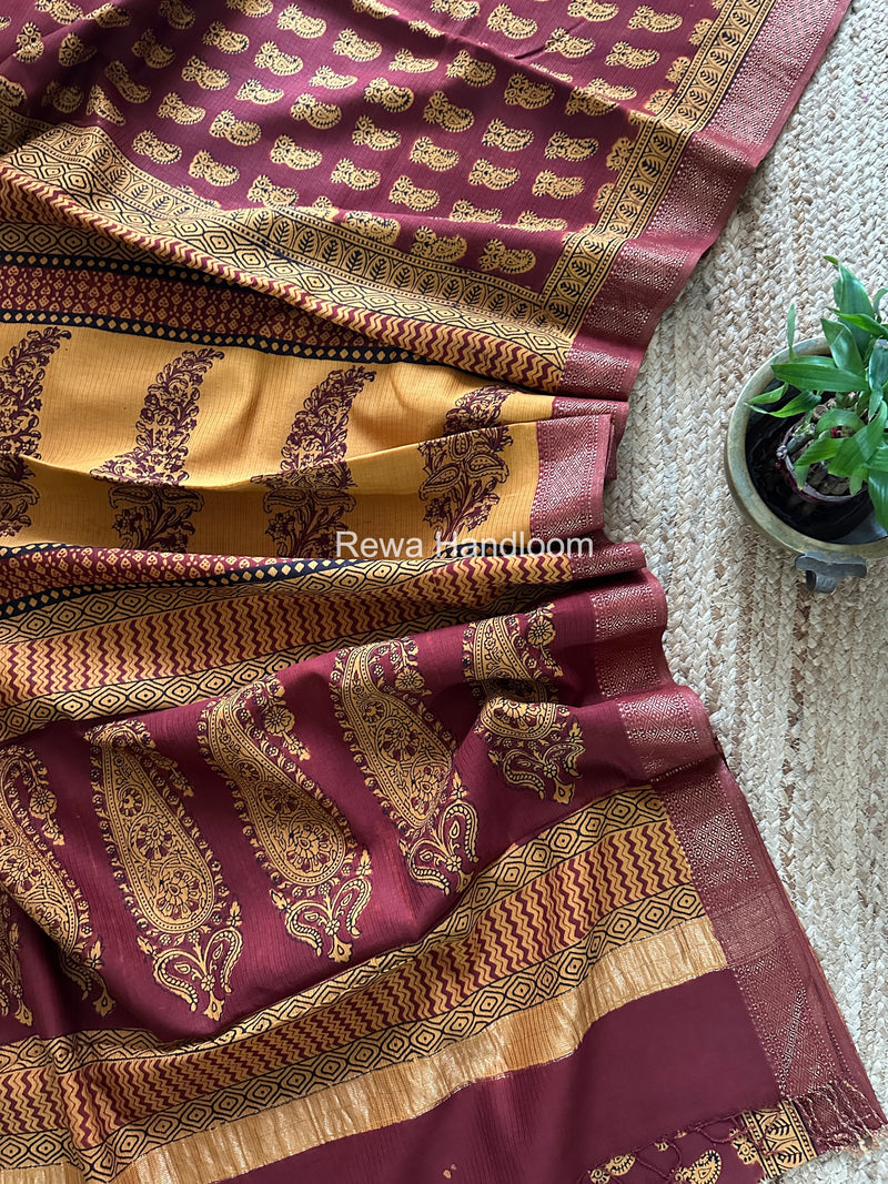 Maheshwari Maroon Bagh Print Small Border Saree MTBS156
