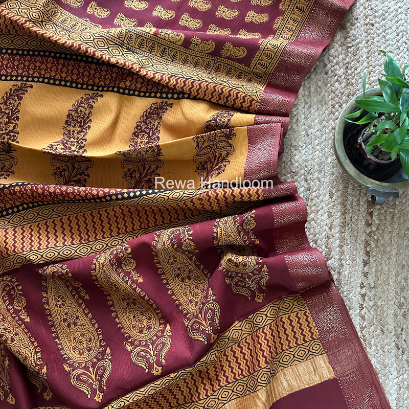 Maheshwari Maroon Bagh Print Small Border Saree MTBS156