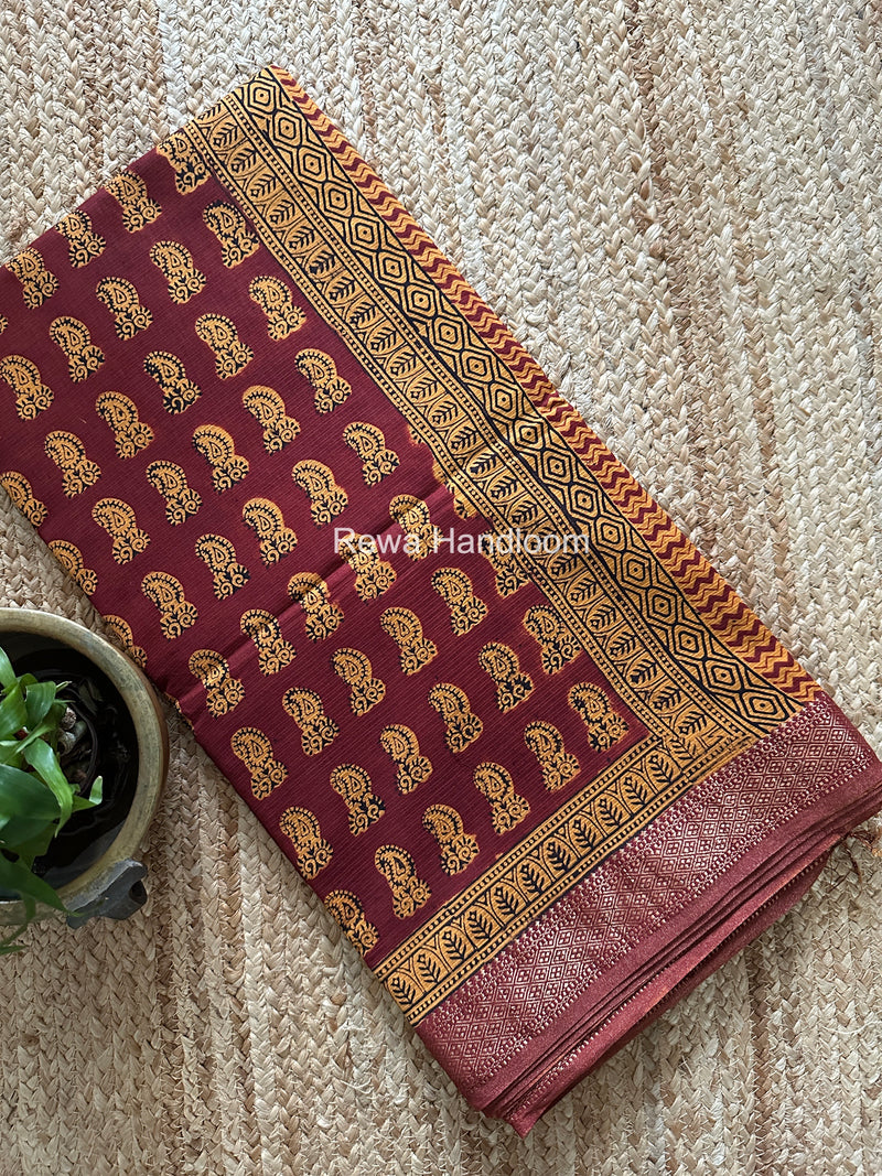 Maheshwari Maroon Bagh Print Small Border Saree MTBS156