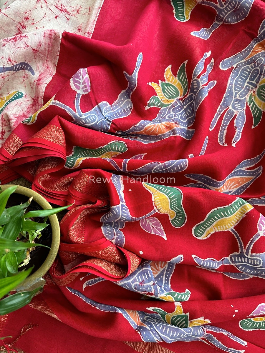 Maheshwari Red Batik Indonesian Print Saree IBS09