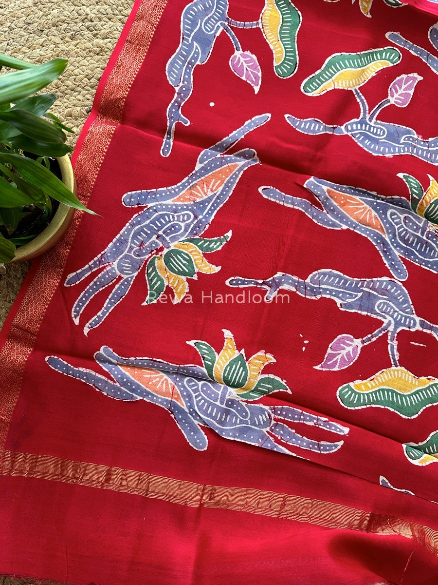 Maheshwari Red Batik Indonesian Print Saree IBS09