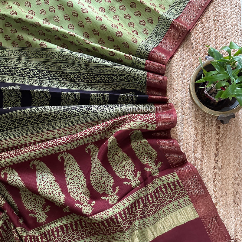 Maheshwari Green Bagh Print Small Border Saree MTBS171