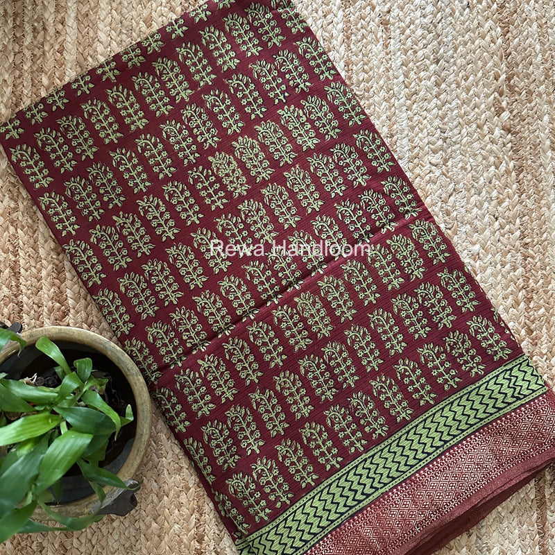 Maheshwari Maroon Bagh Print Small Border Saree MTBS144