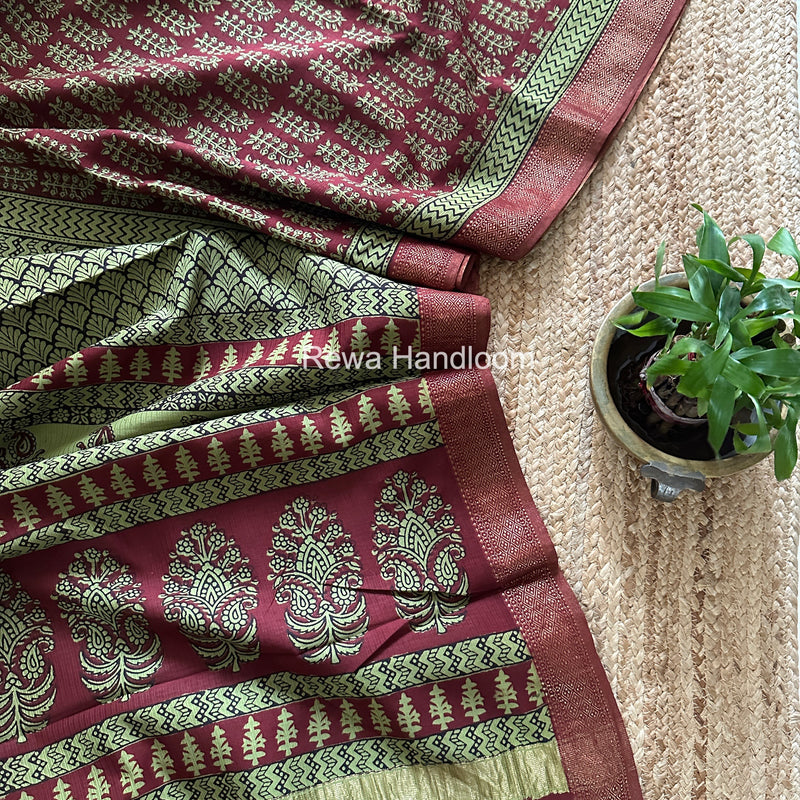Maheshwari Maroon Bagh Print Small Border Saree MTBS144