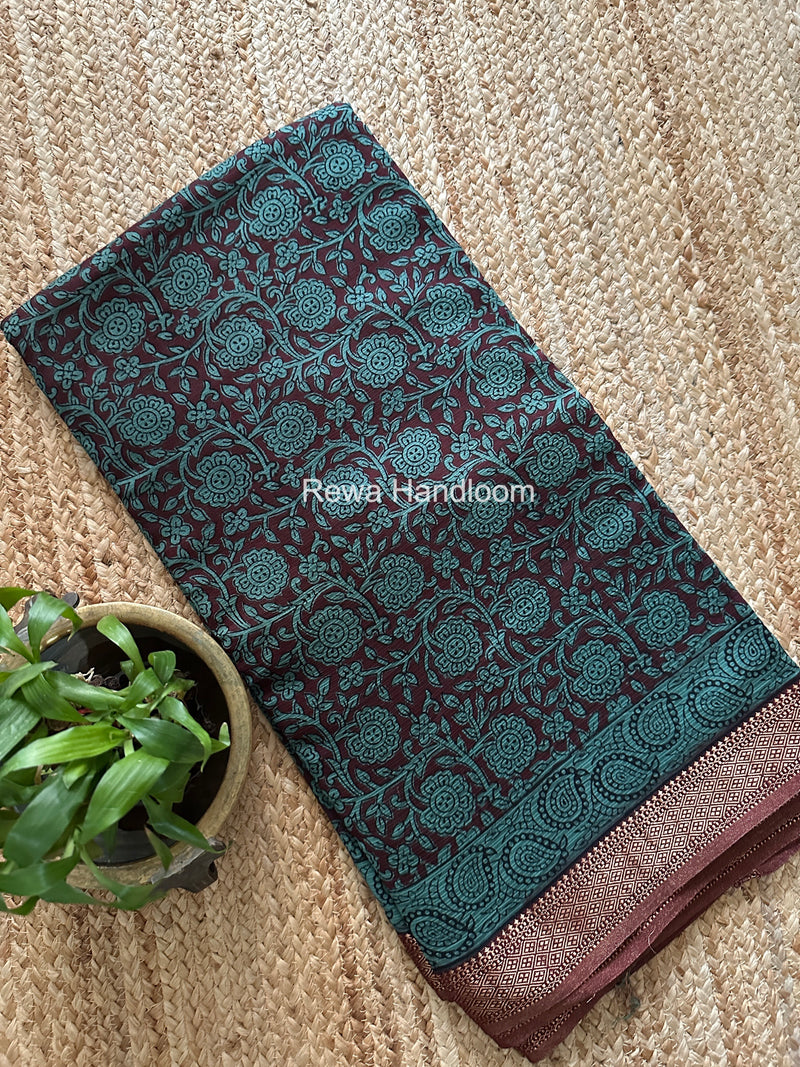 Maheshwari Mint Green Bagh Print Small Border Saree MTBS136