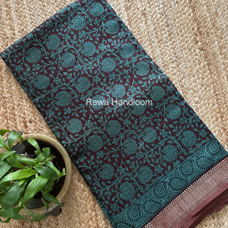 Maheshwari Mint Green Bagh Print Small Border Saree MTBS136