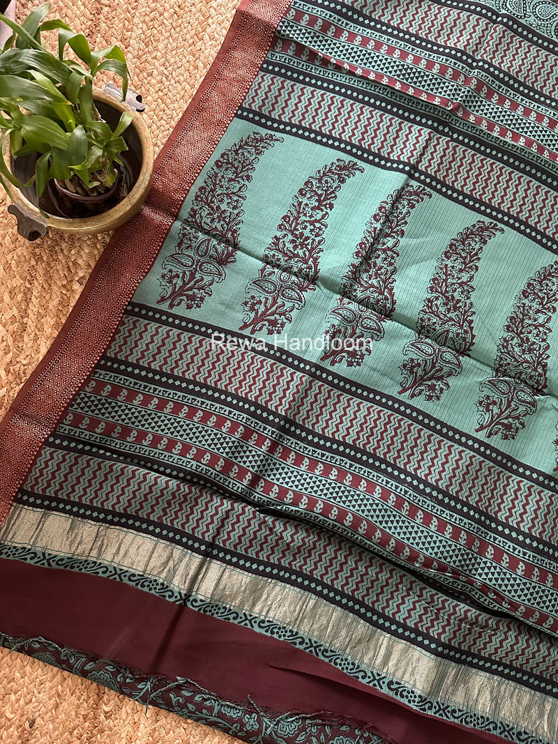 Maheshwari Mint Green Bagh Print Small Border Saree MTBS136