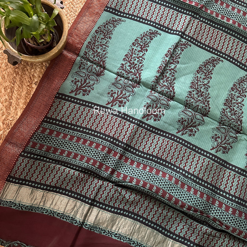 Maheshwari Mint Green Bagh Print Small Border Saree MTBS136
