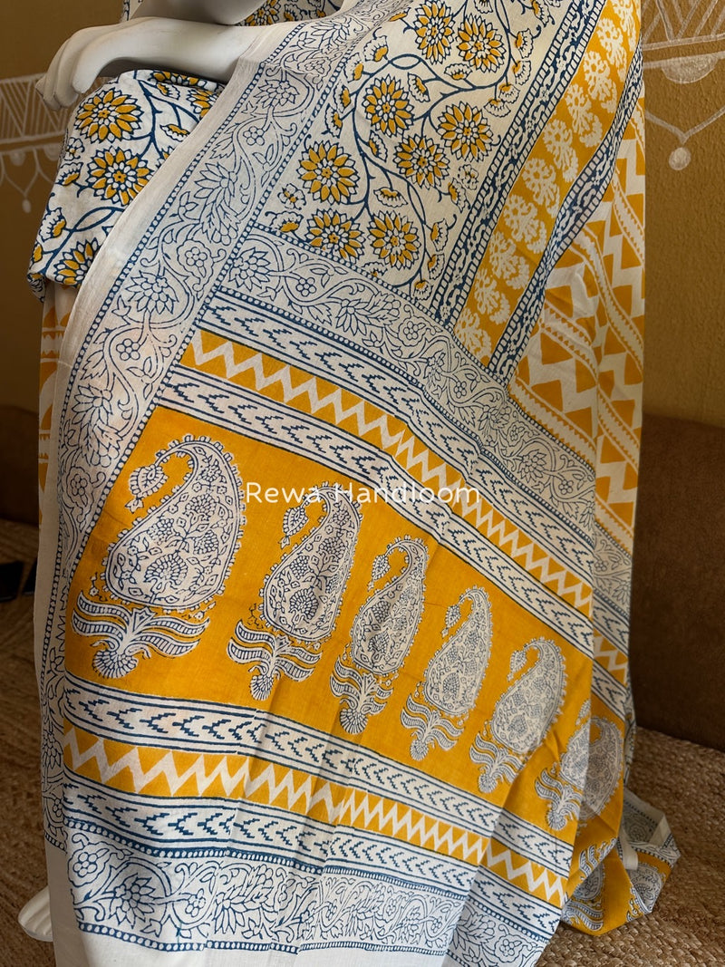 Yellow-White Indigo Bagh Print Suit BCI070