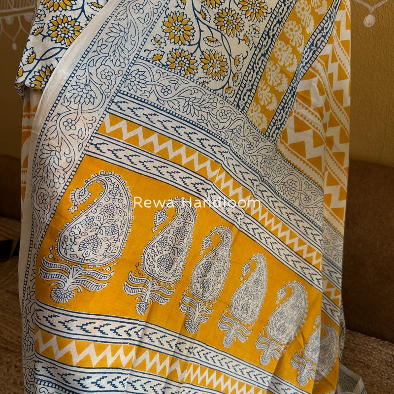 Yellow-White Indigo Bagh Print Suit BCI070