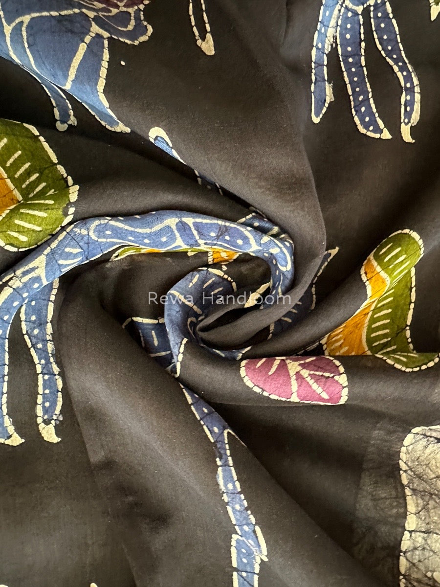 Maheshwari Black Batik Indonesian Print Saree IBS036