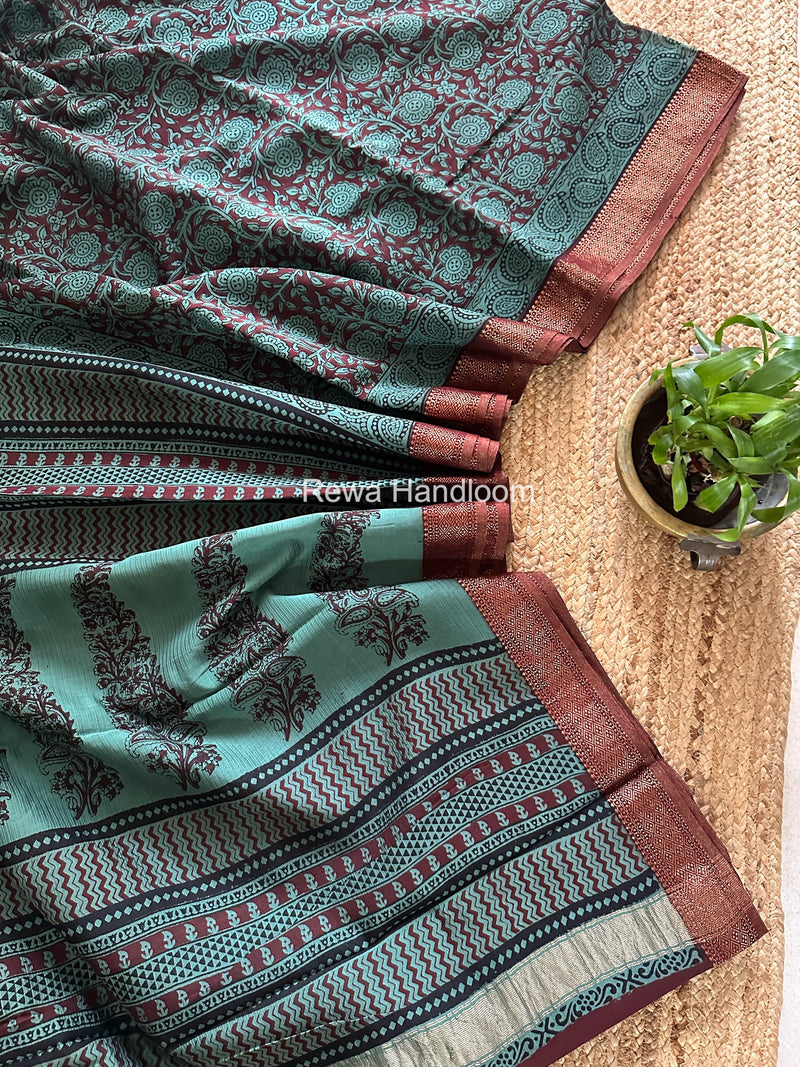 Maheshwari Mint Green Bagh Print Small Border Saree MTBS136