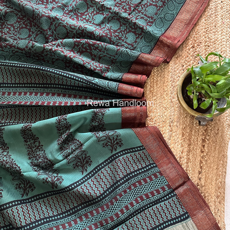 Maheshwari Mint Green Bagh Print Small Border Saree MTBS136