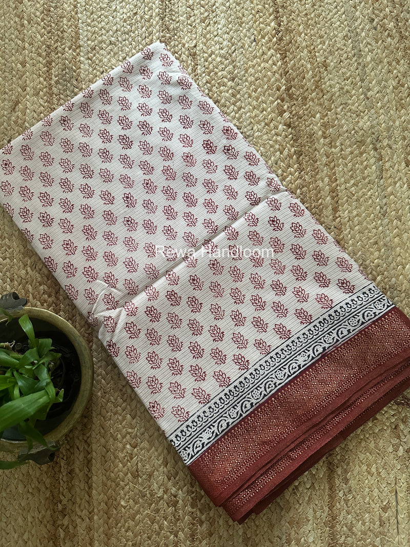 Maheshwari White Bagh Print Small Border Saree MTBS157