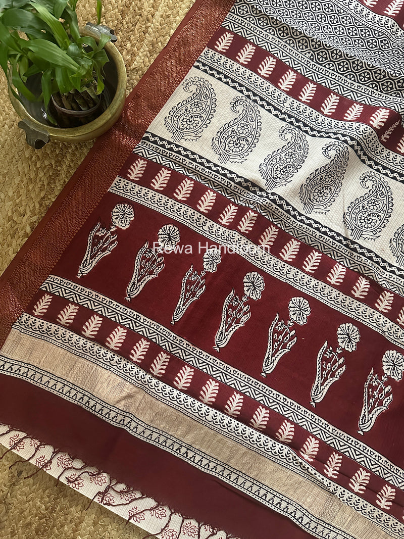 Maheshwari White Bagh Print Small Border Saree MTBS157