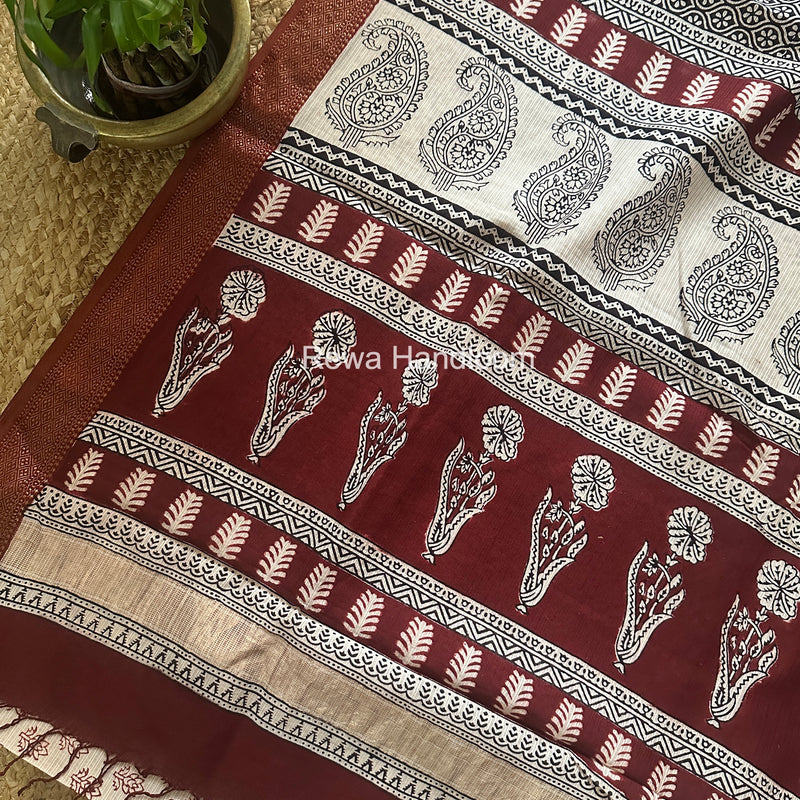 Maheshwari White Bagh Print Small Border Saree MTBS157