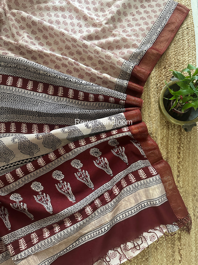 Maheshwari White Bagh Print Small Border Saree MTBS157