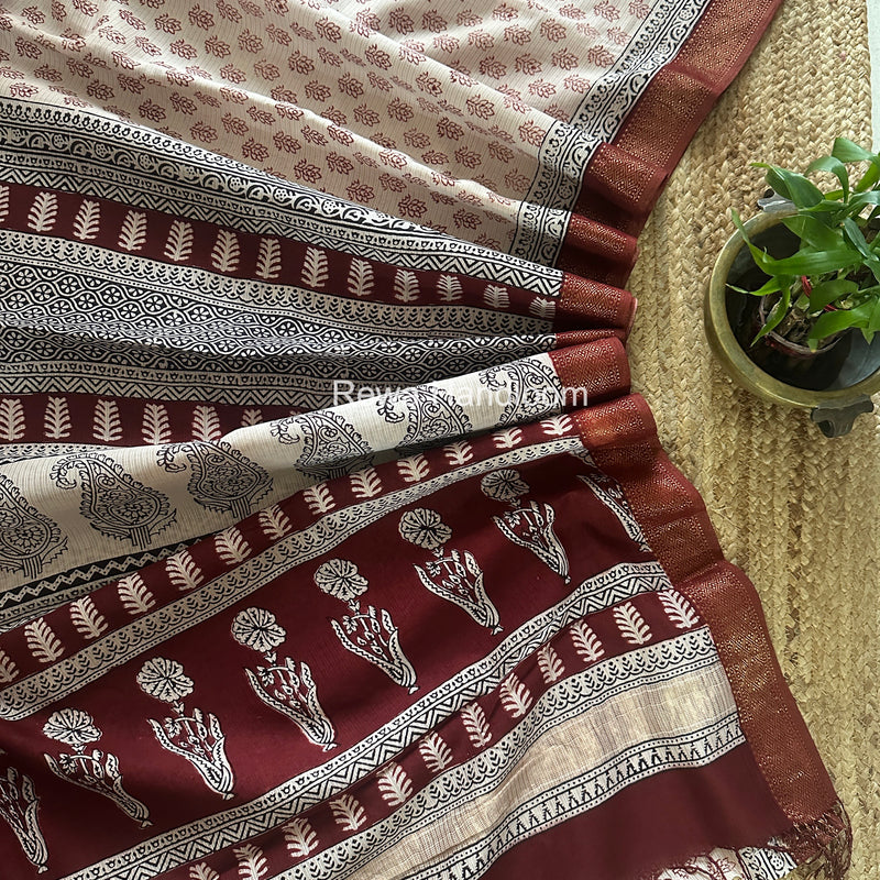 Maheshwari White Bagh Print Small Border Saree MTBS157