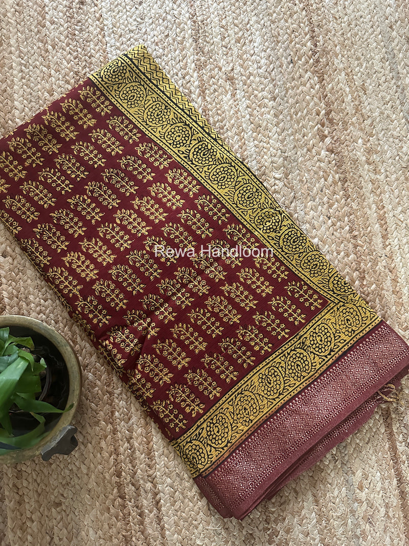 Maheshwari Red Bagh Print Small Border Saree MTBS166
