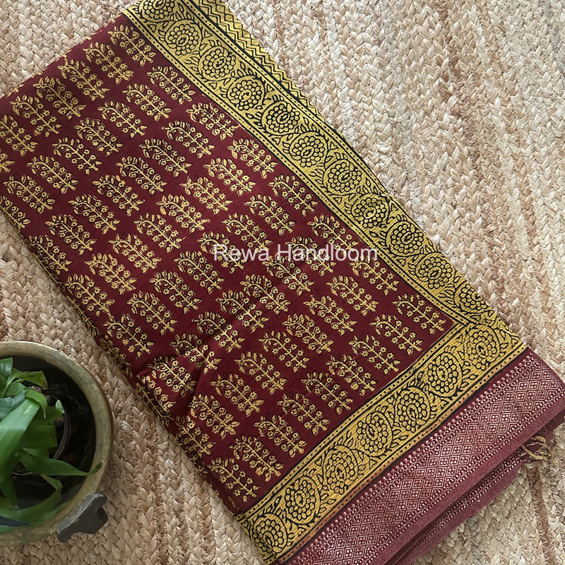 Maheshwari Red Bagh Print Small Border Saree MTBS166