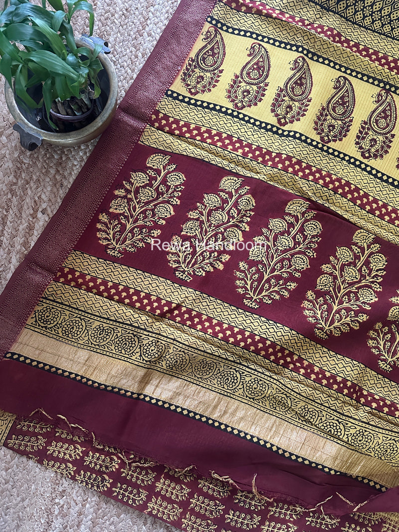 Maheshwari Red Bagh Print Small Border Saree MTBS166