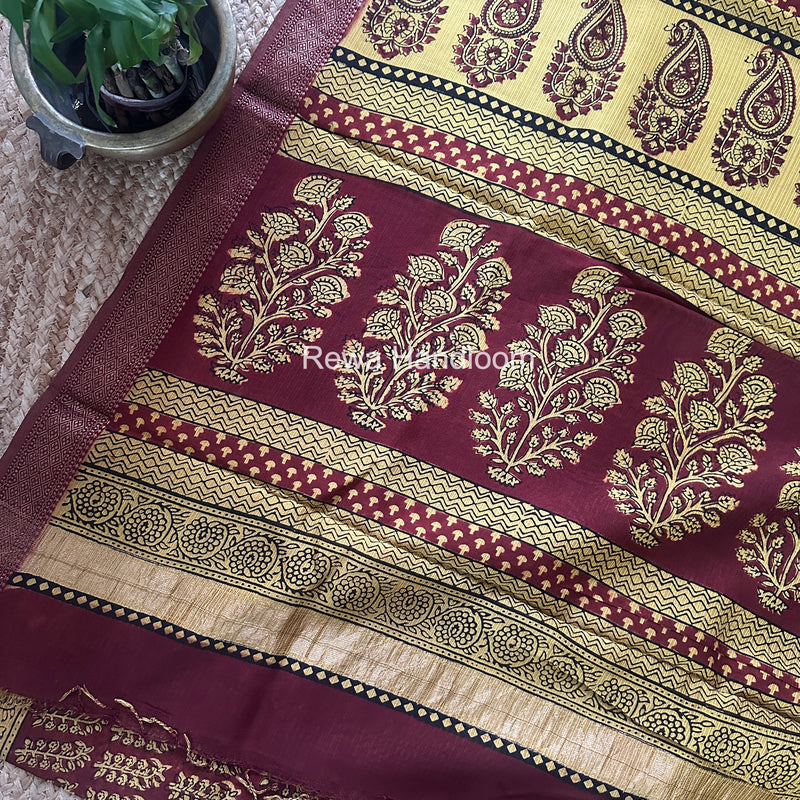 Maheshwari Red Bagh Print Small Border Saree MTBS166