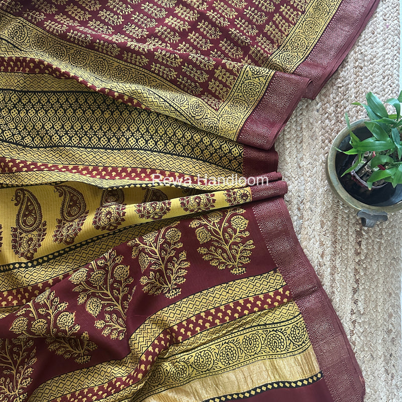 Maheshwari Red Bagh Print Small Border Saree MTBS166