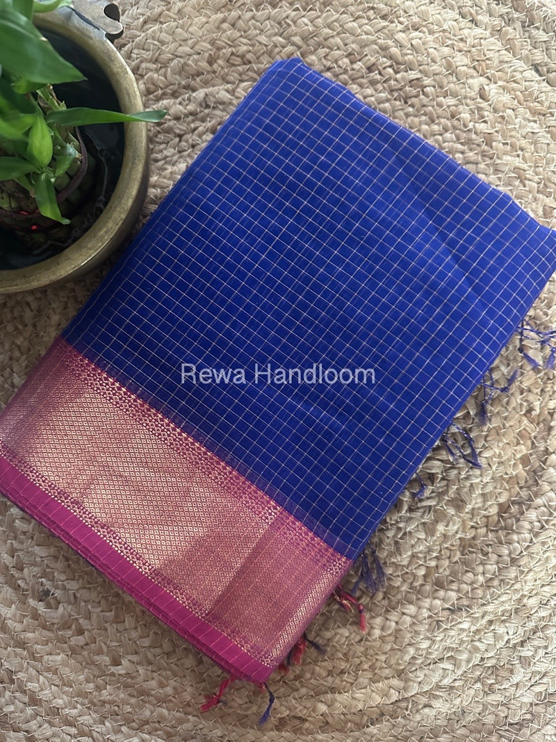 Maheshwari Blue Zari Checks Saree ZCHX283