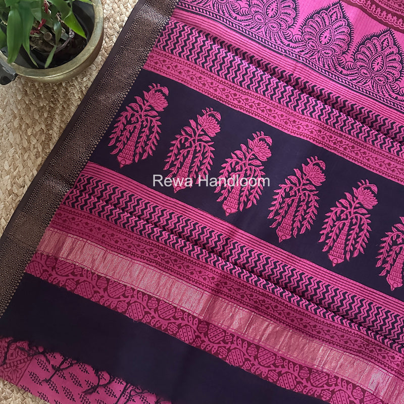 Maheshwari Rani Pink Bagh Print Small Border Saree MTBS145
