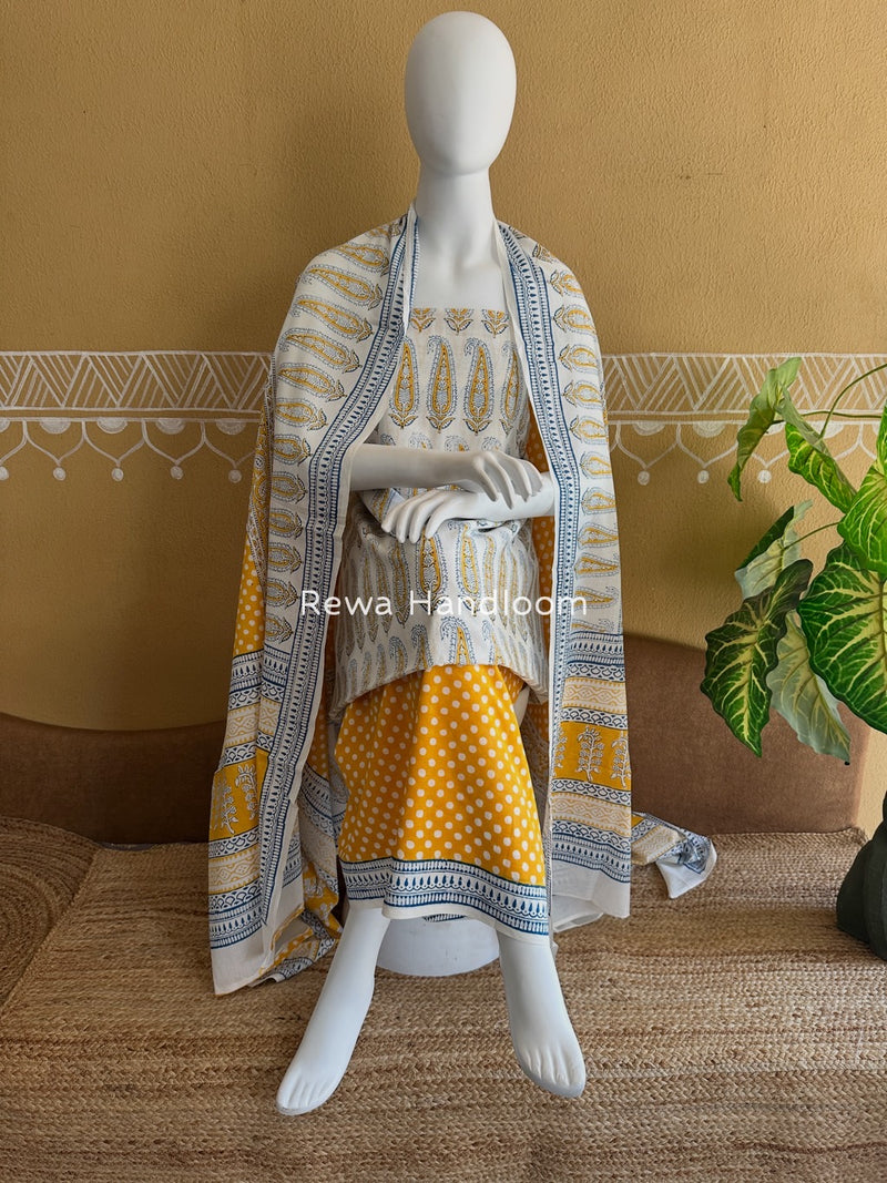 White-Yellow Indigo Bagh Print Suit 