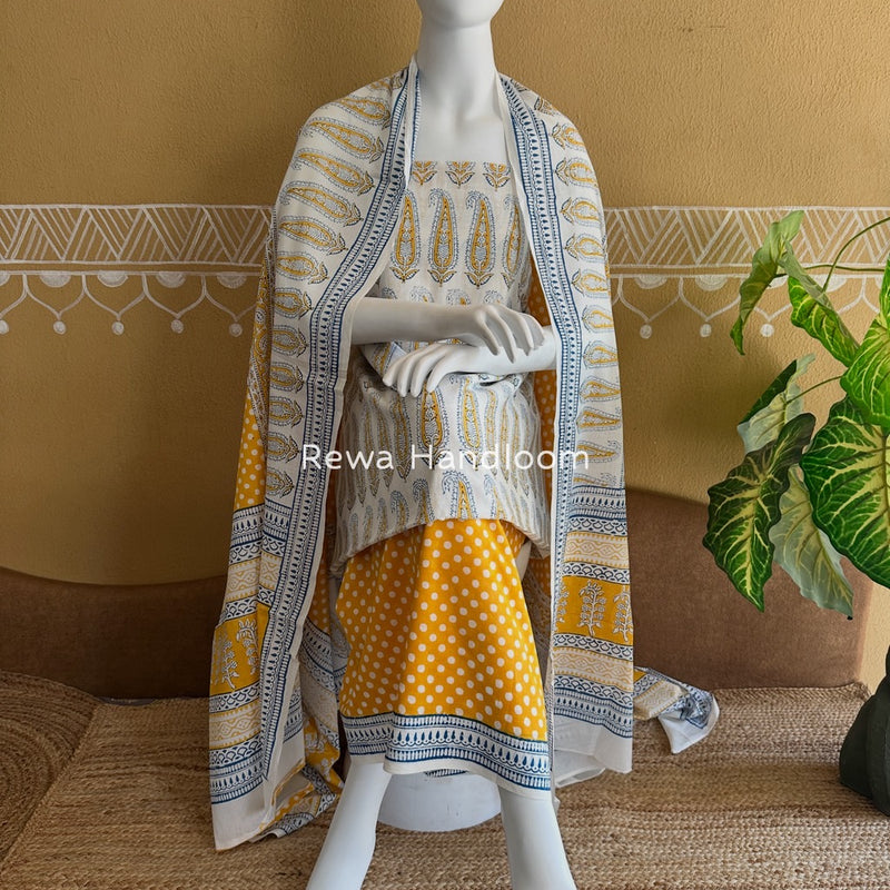 White-Yellow Indigo Bagh Print Suit 
