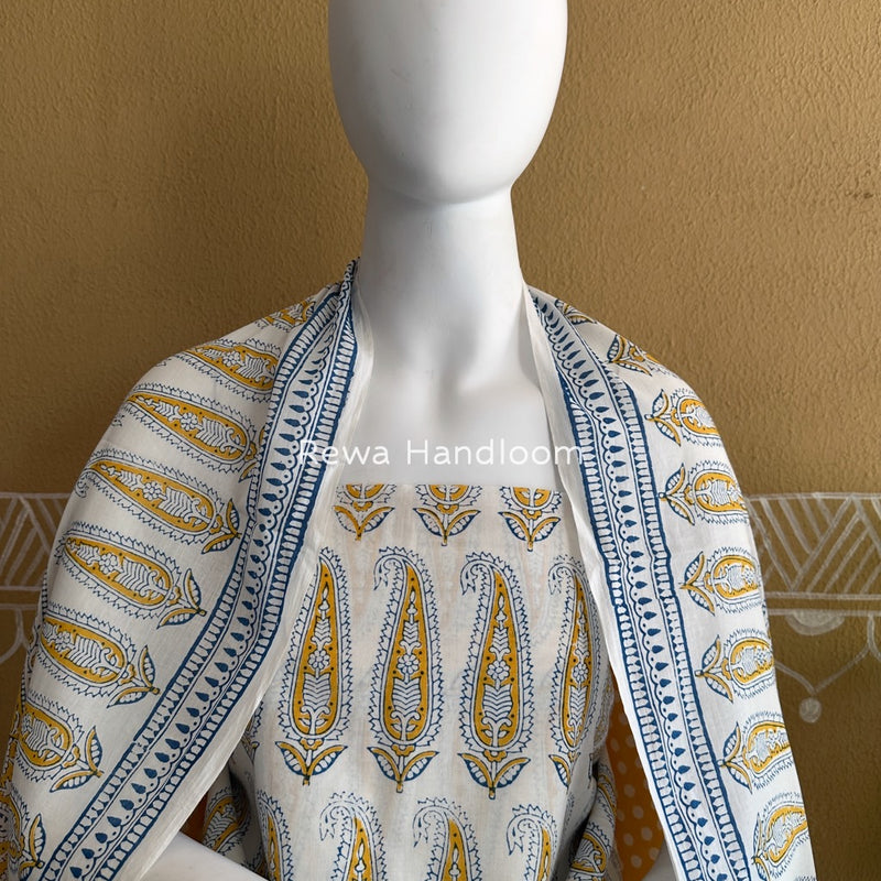 White-Yellow Indigo Bagh Print Suit BCI081