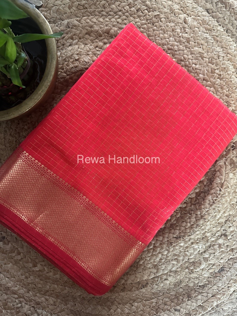 Maheshwari Carrot Red Zari Checks Saree ZCHX284