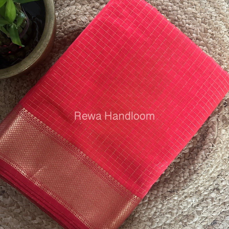 Maheshwari Carrot Red Zari Checks Saree ZCHX284