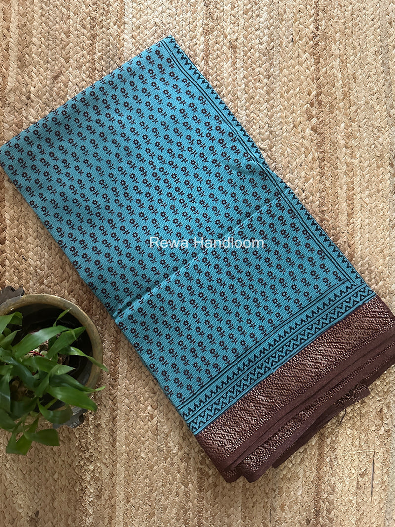 Maheshwari Rama Blue Bagh Print Small Border Saree MTBS158
