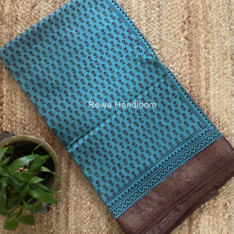Maheshwari Rama Blue Bagh Print Small Border Saree MTBS158
