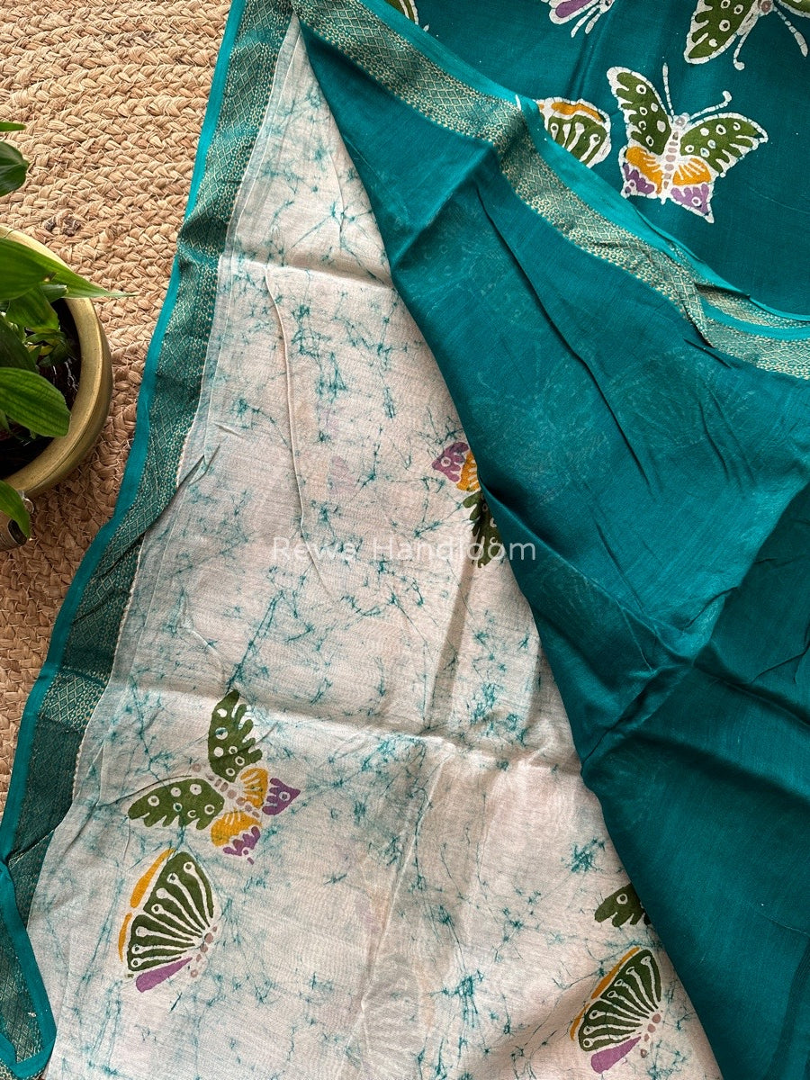 Maheshwari Rama Green Batik Indonesian Print Saree IBS040