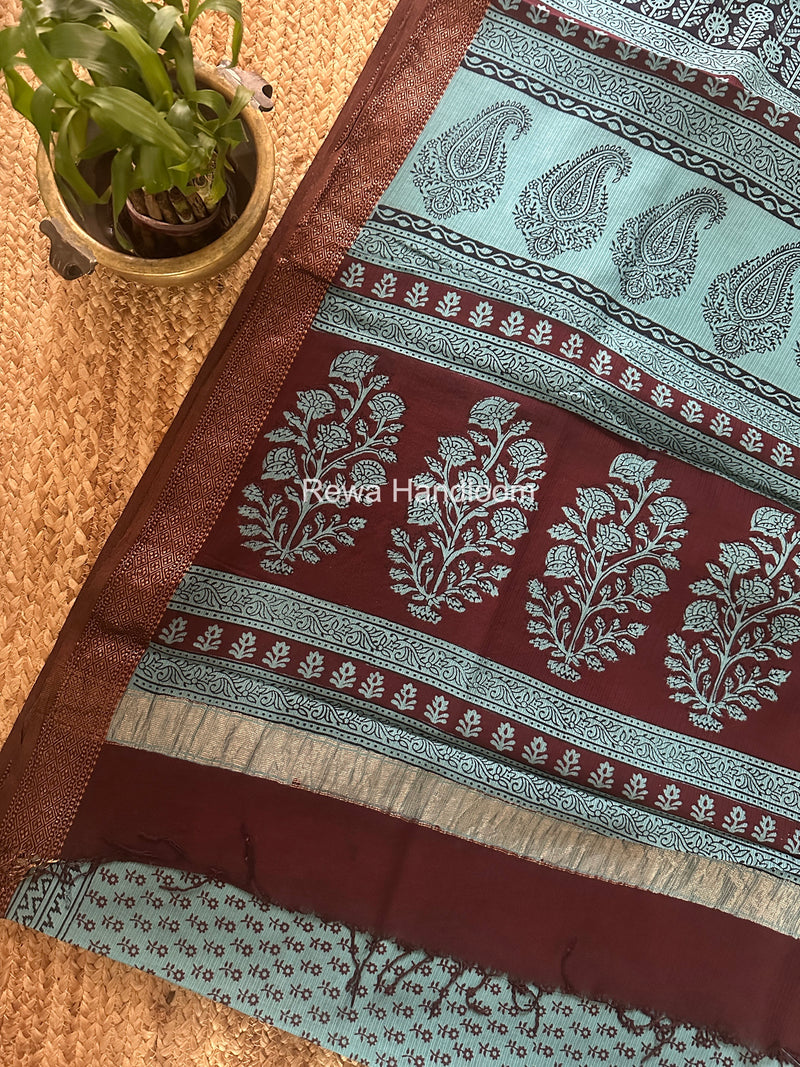 Maheshwari Rama Blue Bagh Print Small Border Saree MTBS158