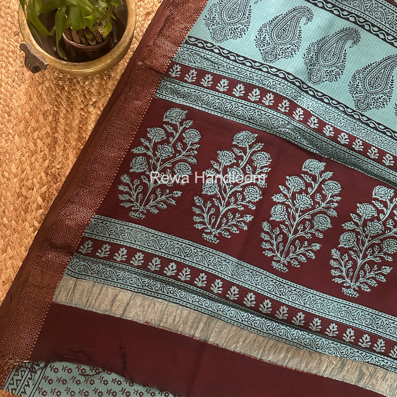 Maheshwari Rama Blue Bagh Print Small Border Saree MTBS158