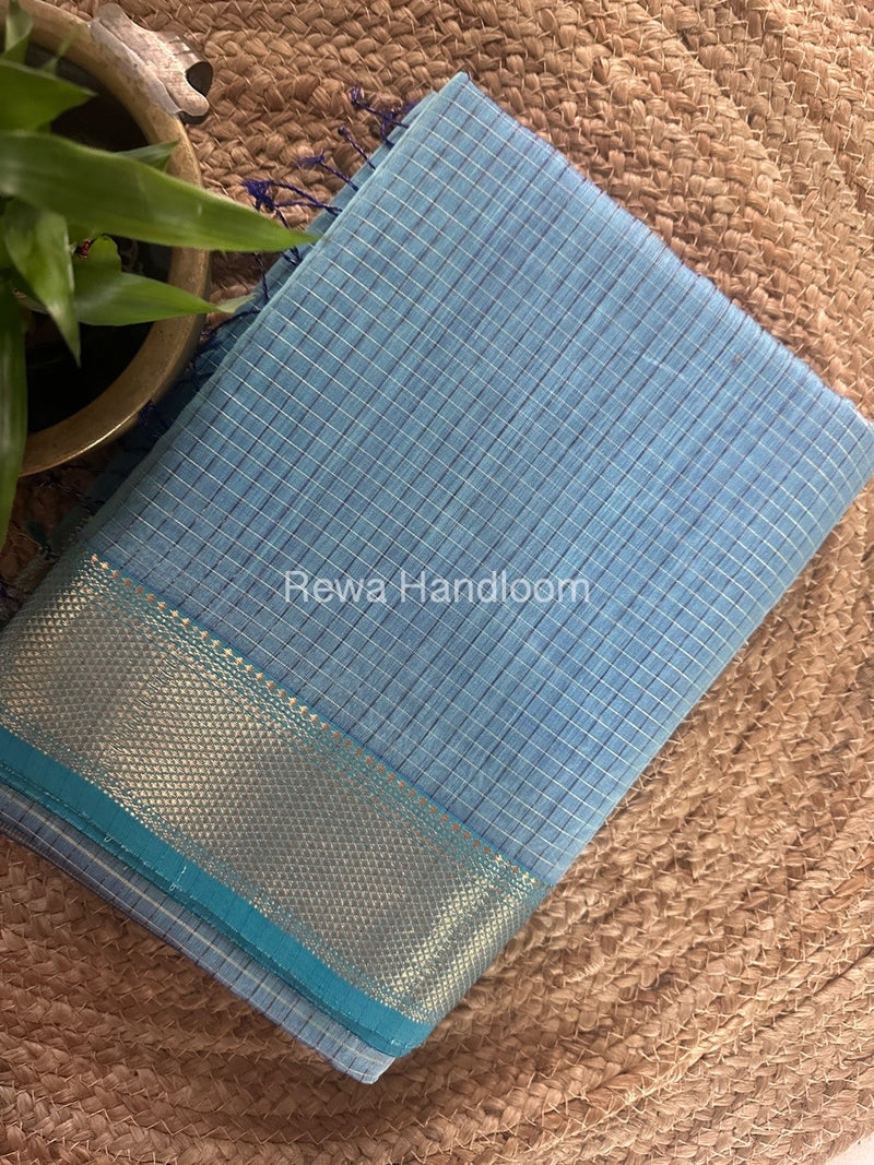 Maheshwari Sky Blue Zari Checks Saree ZCHX285